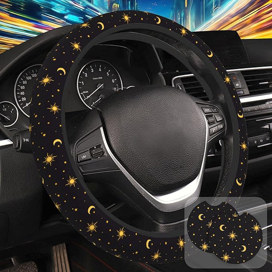 Sun Moon Star Steering Wheel Cover with 2 Pcs Car Coasters Neoprene Steering Wheel Cover for Women Men Anti-Slip Breathable Car Accessories Universal 15 Inch Fit Auto Cars Trucks