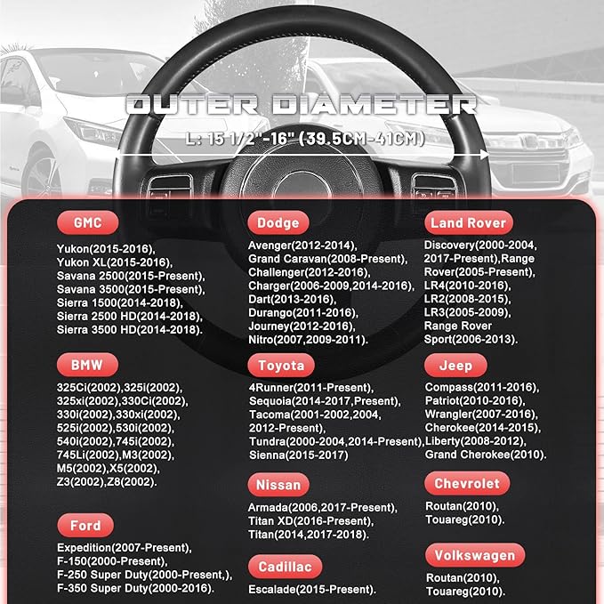 SEG Direct Car Steering Wheel Cover for F-150 Tundra Range Rover 15.5-16 inch, Black and Red Microfiber Leather