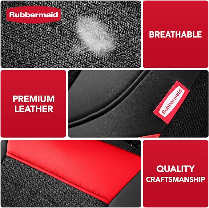 Rubbermaid Car Seat Cover, Leather & Air-Cool Mesh Front Seat Cover, Airbag Compatible, Slip-On Installation, Automotive Seat Cover Universal Fit for Most Cars, Trucks, SUVs-Red