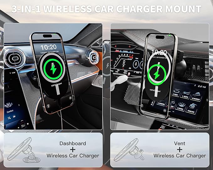 Car Phone Holder 2Pack,15W-Qi Fast Charging Cell Phone Holder for Your Car with QC3.0 Car Charger,Car Mount & Dashboard Windshield Air Vent Mount for iPhone 17/16/15/14/13/12/11 Pro Max,Samsung Galaxy