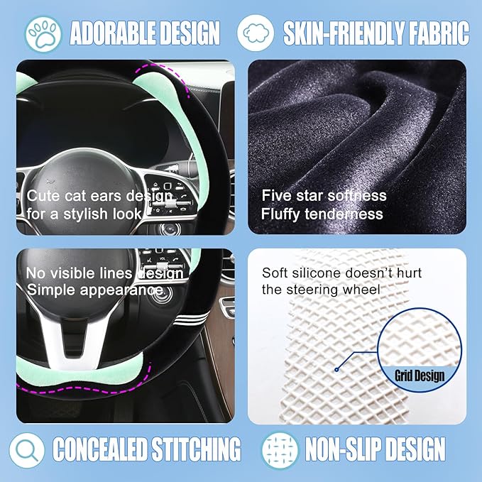 14 inch Furry Cute Steering Wheel Cover, Soft Fluffy Short Plush Auto Accessories, Non-Slip Cold-Proof Sweat-Proof Colorfast(Black with Green)