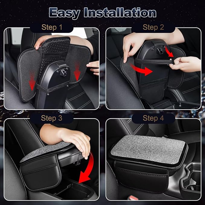 YORKNEIC Bling Center Console Cover Fit for Ford Ranger: Armrest Cover with 2 Storage Pockets, Crystal Rhinestone Car Arm Rest Cover Pad Design for Protection(Silver Diamond)