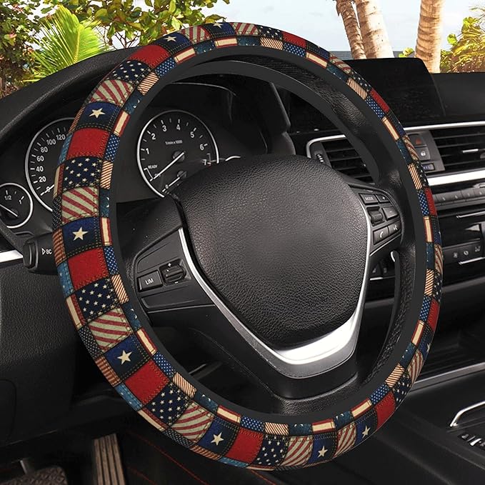 Vintage American Flag Steering Wheel Cover, Elastic Non-Slip Steering Wheel Protector,Auto Interior Decor for Women Girls,Universal 15" Fit for Sedans,Trucks