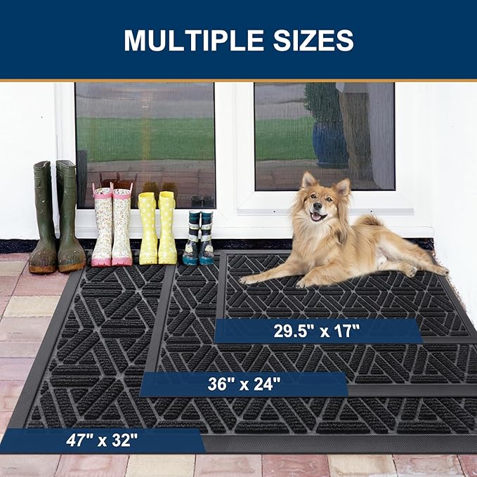 Smiry Front Door Mat Outside Entrance, Heavy Duty Sturdy Natural Rubber Doormat, Trap Dirt and Moisture, Easy Clean Low Profile Mats for Indoor Outdoor Entry, Grid Geometric (59x24, Black)