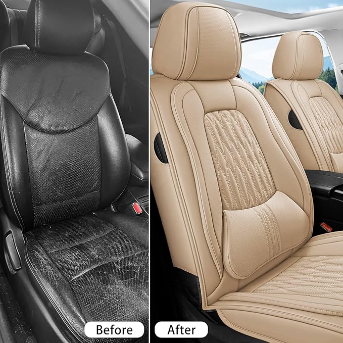 WELLDO Car Seat Covers Full Set,Nappa Leather Seat Covers for Car, Waterproof Car Seat Protector with Lumbar Support, Automotive Seat Covers Universal Fit for Most Cars SUV Truck,Beige