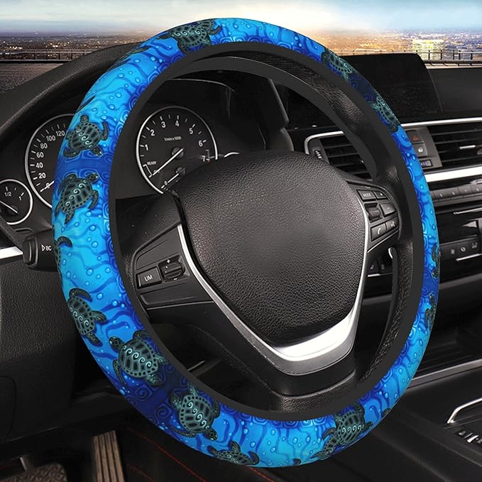Watercolor Blue Sea Turtle Car Steering Wheel Cover Universal Fit 15 Inch, Anti-Slip Breathable Sweat Absorption Neoprene Steering Wheel Protector for Women Men