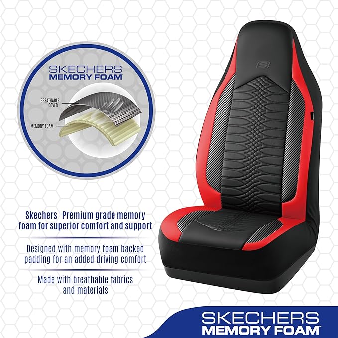 Skechers Memory Foam Car Seat Covers, Leather High Back Seat Covers Quilting Design,Waterproof Sports Car Seat Covers Full Sets,Airbag Compatible, Universal Fit for Most Cars, SUVs,Trucks,Red