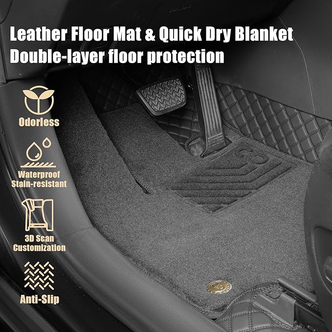 EKR Custom Floor Mats for Tesla Model 3 2024-2025, Front & 2nd Row Luxury Double Layer Car Floor Mat Liner Fit Model 3 2024 2025 - Leatherette Plus Carpet (Black)