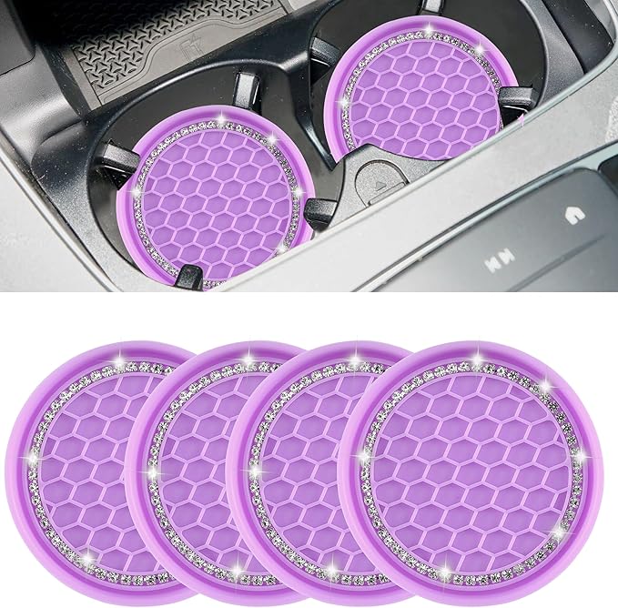 Amooca Car Cup Coaster 4 Pack Universal Non-Slip Cup Holders Insert Coasters Bling Crystal Rhinestone Car Interior Accessories Purple Grid