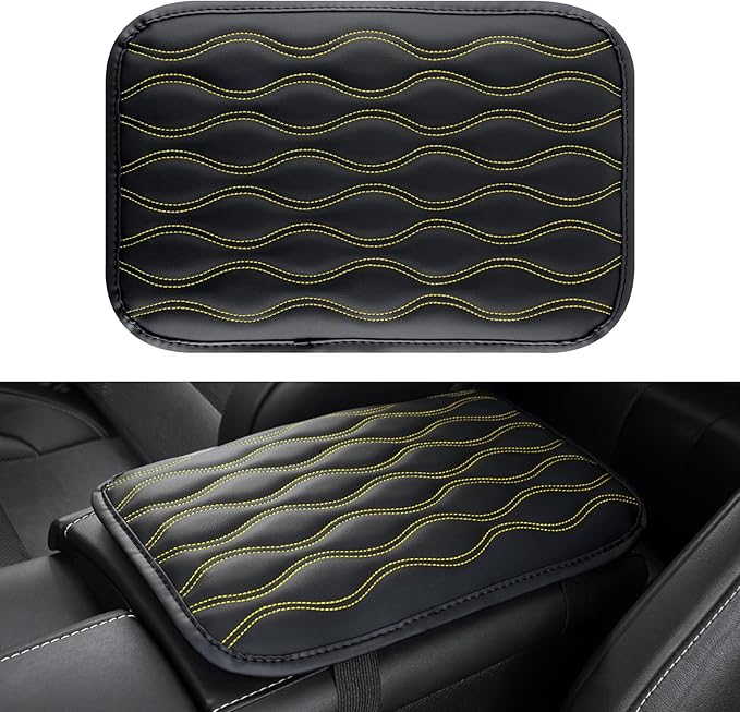 Amiss Auto Center Console Pad, Universal Waterproof Armrest Seat Box Cover, Car Interior Accessories, Leather Auto Armrest Cover Protector for Most Vehicle, SUV, Truck (Yellow-Line)
