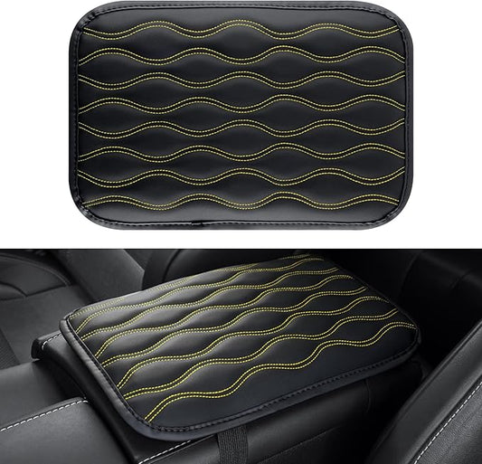 Amiss Auto Center Console Pad, Universal Waterproof Armrest Seat Box Cover, Car Interior Accessories, Leather Auto Armrest Cover Protector for Most Vehicle, SUV, Truck (Yellow-Line)