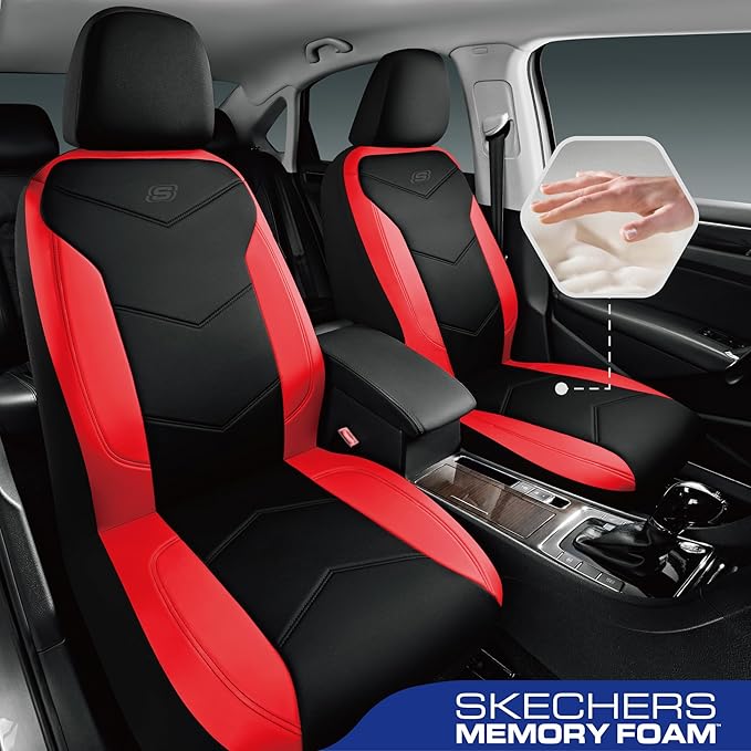 Skechers Memory Foam Seat Covers,Leather Car Seat Covers, Ultimate Comfort & Support Seat CoversFull Sets,Airbag Compatible, Automotive Universal Fit Most for SUVs, Vans, Sedans, Cars, Trucks,Red