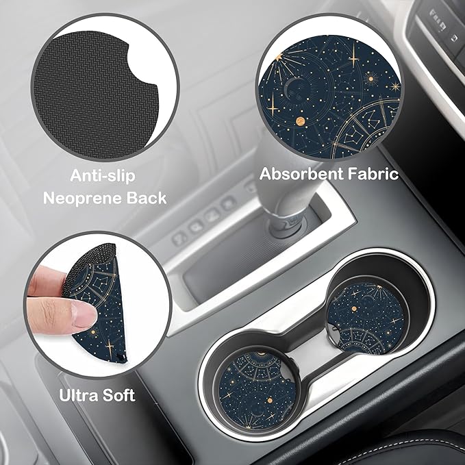 Astrology Moon Star Steering Wheel Cover with 2 Pcs Car Coasters Neoprene Steering Wheel Cover for Women Men Anti-Slip Breathable Car Accessories Universal 15 Inch Fit Auto Cars Trucks