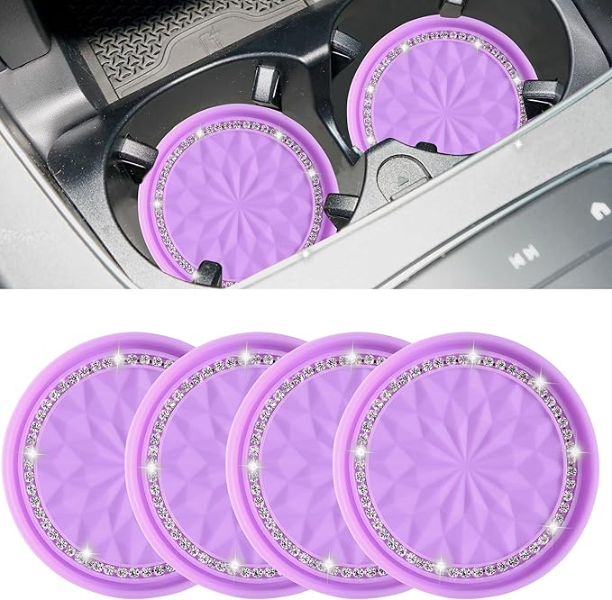 Amooca Car Cup Coaster 4 Pack Universal Non-Slip Cup Holders Insert Coasters Bling Crystal Rhinestone Car Interior Accessories Purple Flower