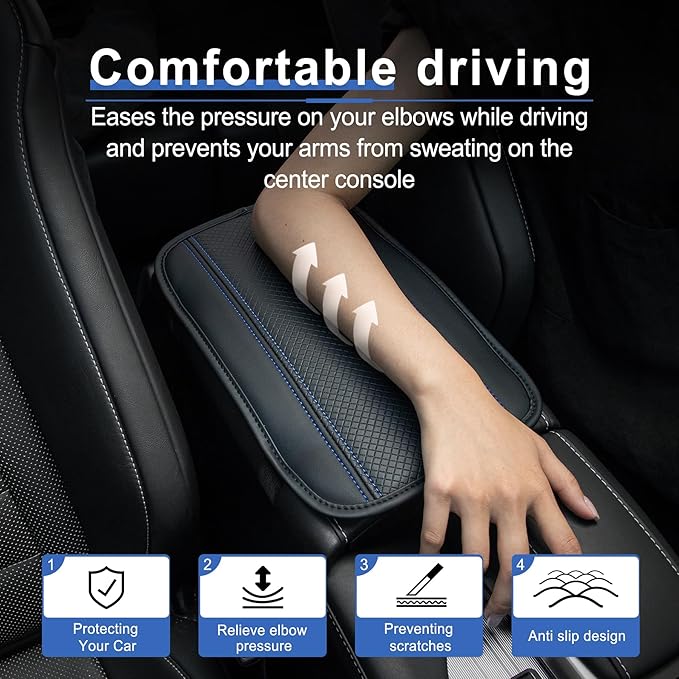 Amiss Car Center Console Pad, Universal Waterproof Car Armrest Seat Box Cover, PU Leather Auto Armrest Cover Protector，Vehicle Interior Accessories fits SUV/Truck/Car (Black-Blue)