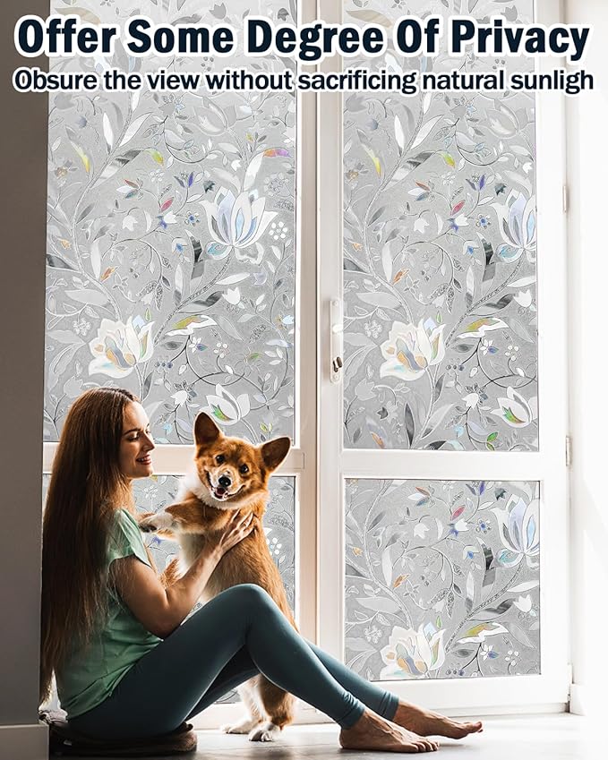 Frosted Tulip Patterned Window Privacy Film with Installation Tools, Stained Glass Decorative Film, Removable, Peep-Proof, Static Cling (17.5 x 157.5 Inch)