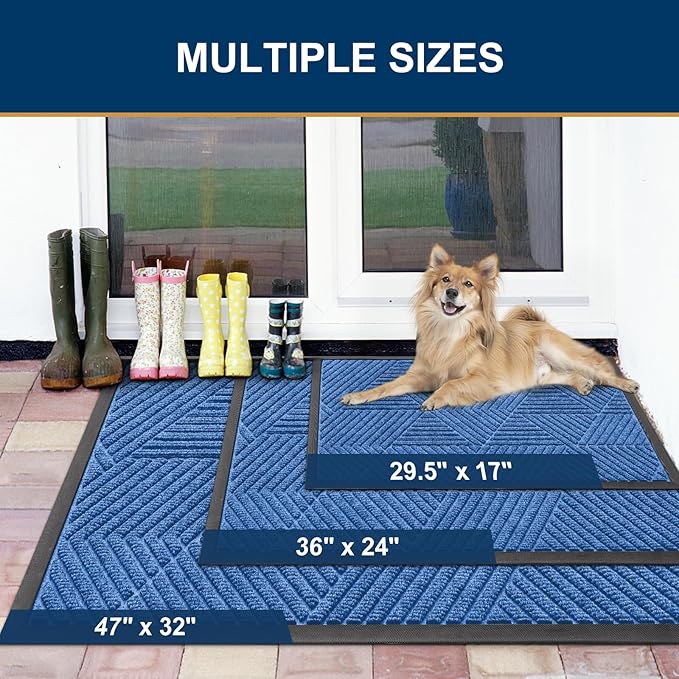 Smiry Front Door Mat Outside Entrance, Heavy Duty Sturdy Natural Rubber Doormat, Trap Dirt and Moisture, Easy Clean Low Profile Mats for Indoor Outdoor Entry, Irregular Triangle (29.5x17, Blue)