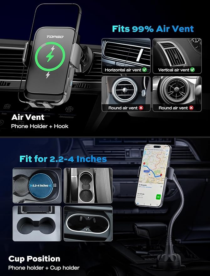 TOPGO Dual Coil Cup Phone Mount Wireless Charger, Universal Cell Phone Holder, Cup Holder 15W Fast Charging for iPhone 17 16 Pro Max, Samsung Galaxy - Black