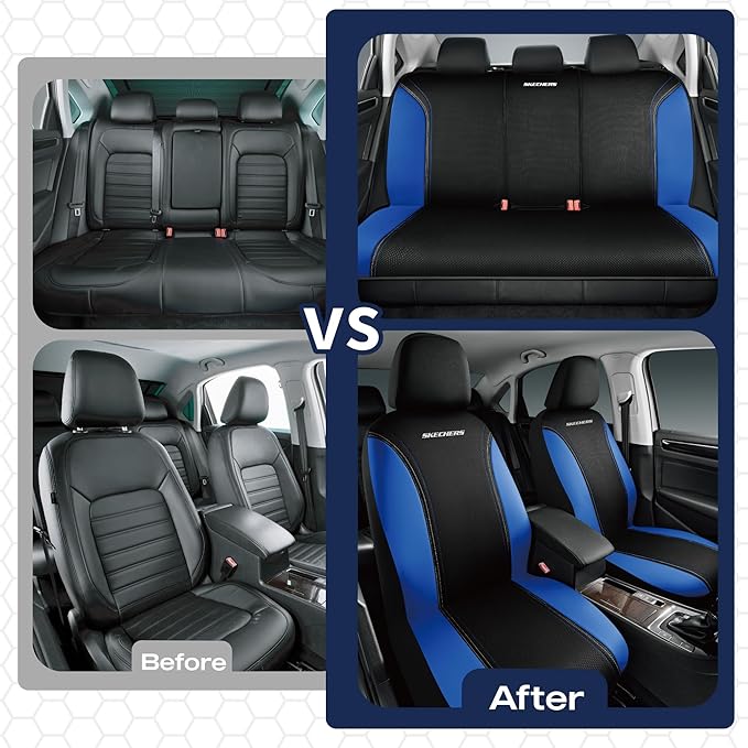 Skechers Memory Foam Seat Covers,Air- Cooled Mesh Thick Car Seat Covers,Leather Seat CoversFull Sets,Airbag Compatible,Automotive Comfort Universal Fit for SUVs,Vans,Sedans,Cars,Trucks,Blue