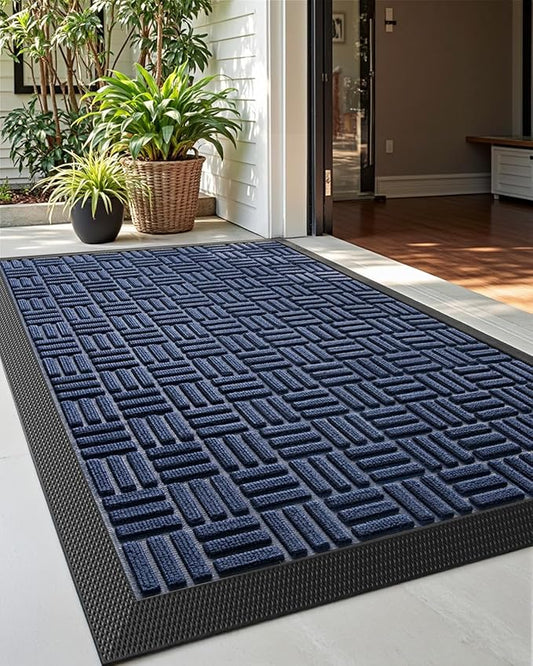 DEXI Front Door Mat Outside Entrance, Rubber Entry Doormat Heavy Duty, Welcome Mats Non Slip for Inside House Floor Entryway Back Doors Exterior Patio, 17x29 Maze Blue