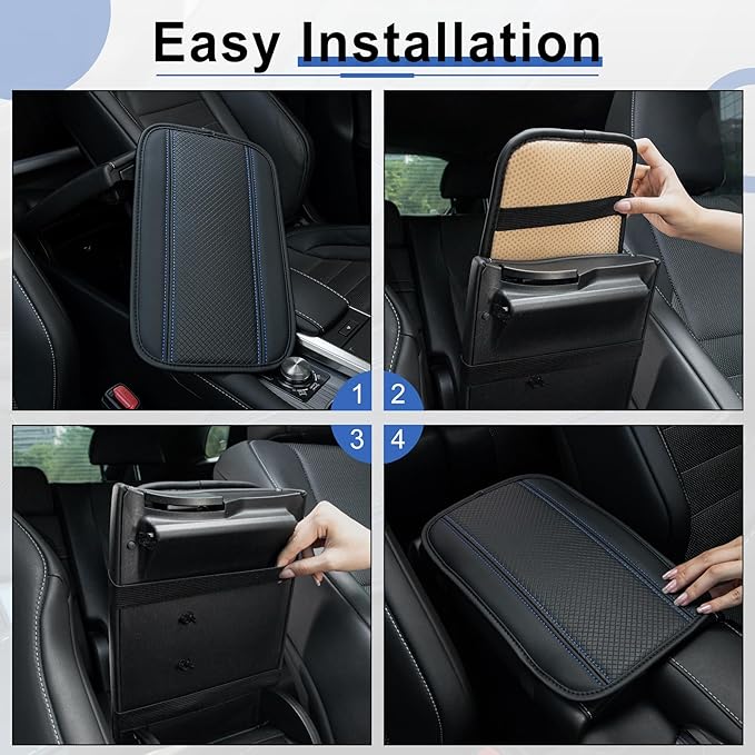 Amiss Car Center Console Pad, Universal Waterproof Car Armrest Seat Box Cover, PU Leather Auto Armrest Cover Protector，Vehicle Interior Accessories fits SUV/Truck/Car (Black-Blue)