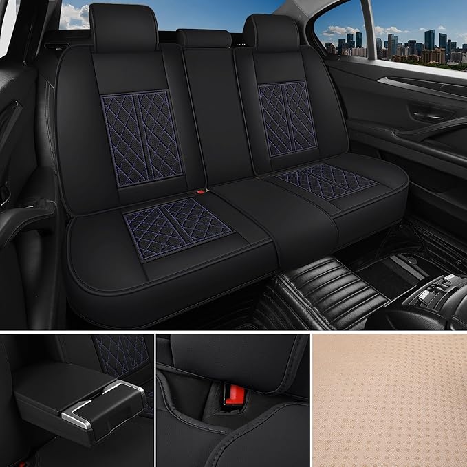 Leather Automotive Seat Covers Universal Fit for Cars, SUV, Sedans, Anti-Slip & Breathable (Black Blueline, Full Set)