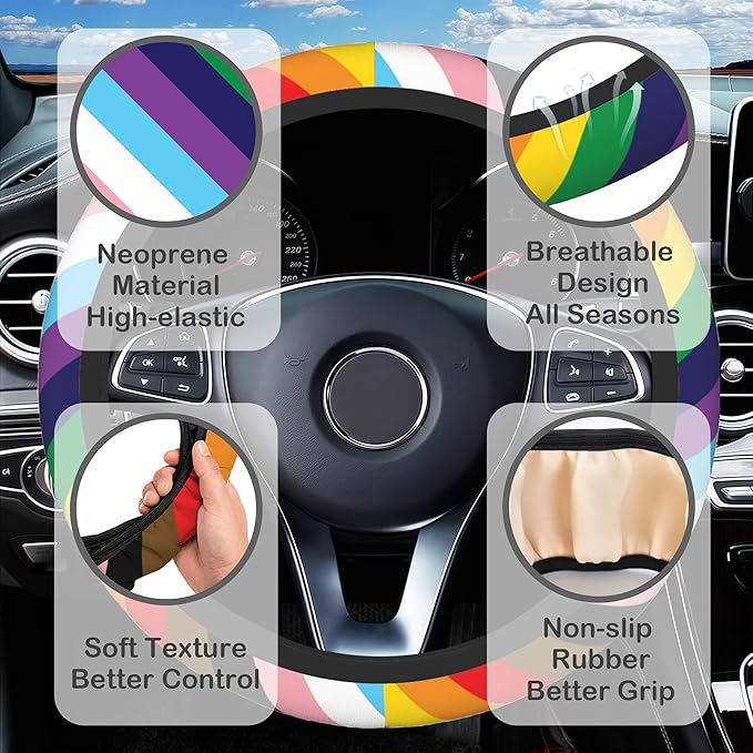 Rainbow Stripes Steering Wheel Cover for Women, Anti-Slip Car Steering Wheel Cover with 2 Pcs Cup Holders Neoprene Breathable Car Accessories Universal 15 Inch Auto Interior Decor