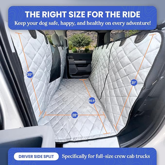 4Knines Dog Floor Hammock for Truck & Crew Cab with Fold Up Seats – Back Seat Pet Cover for Dogs – Compatible with Ram and Nissan Full Size Trucks (Driver Side Split, Grey)