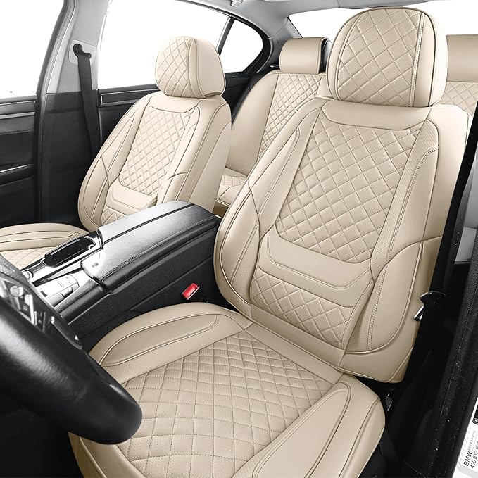 Leather Car Seat Covers Full Set Breathable Automotive Seat Covers Waterproof Seat Protectors Universal Fit for Most Automotive Cars SUV Trucks Van (Beige, Full Set)