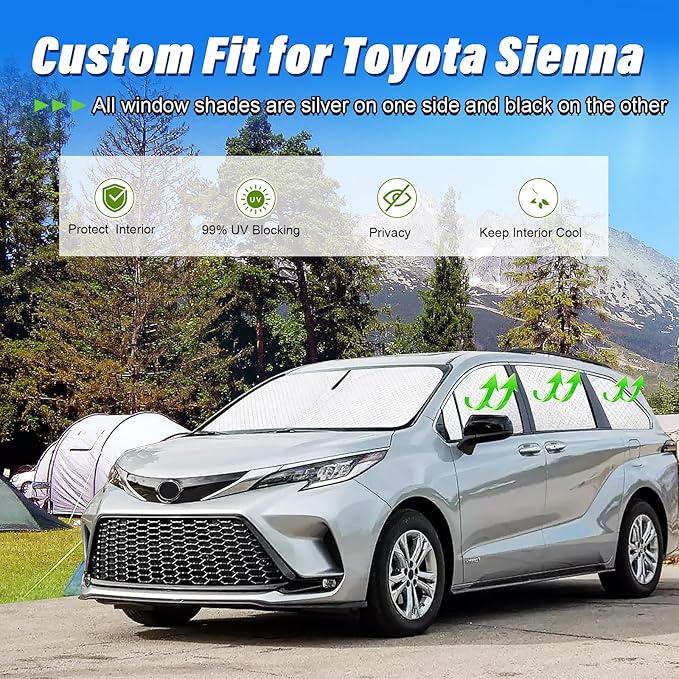 KMF 8pcs Thicken Full Sun Shades for Toyota Sienna 2021-2025 Accessories,Car Window Covers Sunshade for Windshield Side Rear, UV Block and Blackout Privacy for Camping Outdoor