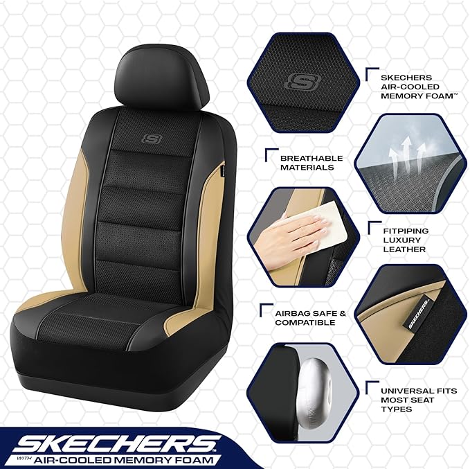Skechers Aircooled & Memory Foam Seat Covers,Premium Leather with EVA Mesh Car Seat Covers,Seat Cover Full Sets,Airbag Compatible Automotive Comfort for Most Cars, Vans, Trucks, SUV,Beige