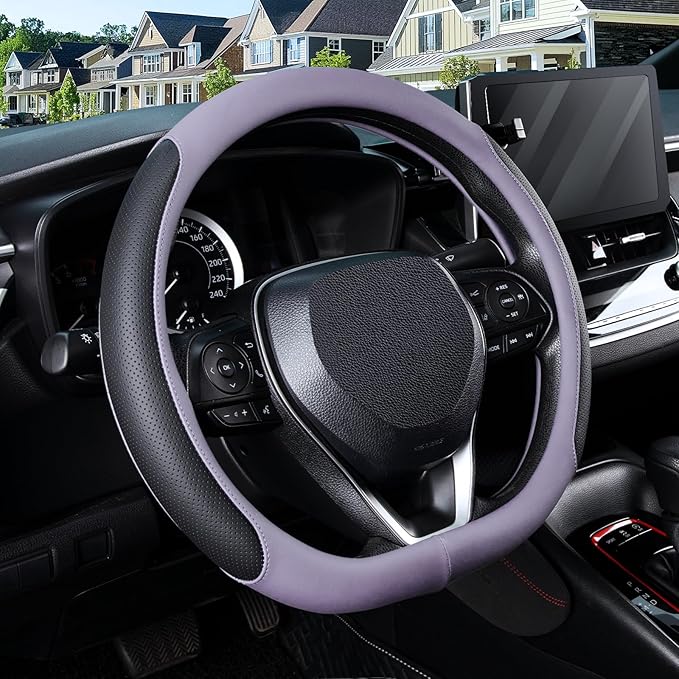 SEG Direct D Shaped Steering Wheel Cover for 14.5-15 inch Flat Bottom Wheels, Breathable Perforated Microfiber Leather, Anti-Slip Grip, Universal Fit for Cars & SUVs, Black and Light Purple