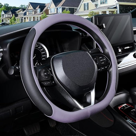 SEG Direct D Shaped Steering Wheel Cover for 14.5-15 inch Flat Bottom Wheels, Breathable Perforated Microfiber Leather, Anti-Slip Grip, Universal Fit for Cars & SUVs, Black and Light Purple