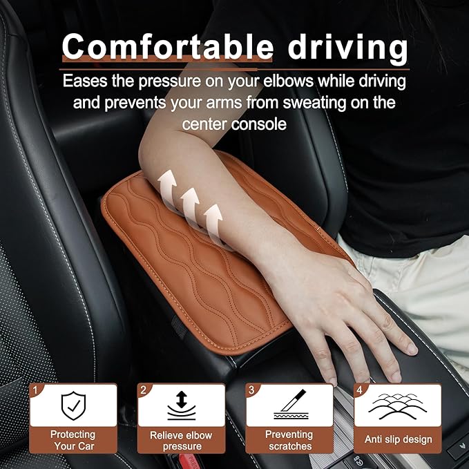Amiss Auto Center Console Pad, Universal Waterproof Car Armrest Seat Box Cover, Leather Auto Armrest Cover Protector for Most Vehicles, SUV, Truck, Car (Brown)