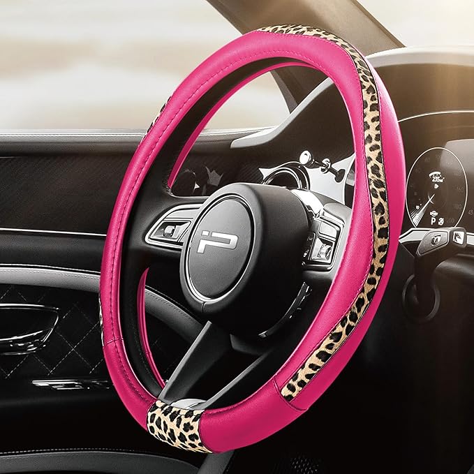 Road Comforts Steering Wheel Cover - Made with PVC Leather and Leopard Fabric - Universal 14 1/2 inches to 15 inches for Most Automotive Steering Wheel - Cheetah Print -Hot Pink