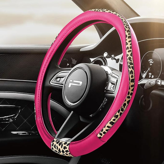 Road Comforts Steering Wheel Cover - Made with PVC Leather and Leopard Fabric - Universal 14 1/2 inches to 15 inches for Most Automotive Steering Wheel - Cheetah Print -Hot Pink