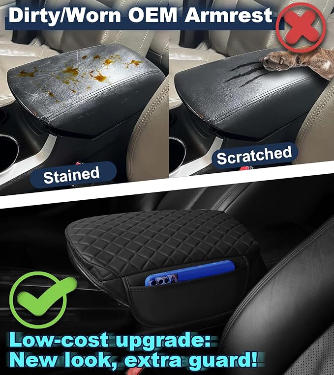 Armrest Cover for Ford Explorer Center Console Pad with Organizer Storage Pockets, Black Faux Leather Arm Rest Lid Protector Cushion Interior Accessories (2011-2019)