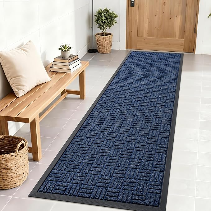 OLANLY Front Door Mat Outside Entrance 71x23, Absorbent, Heavy Duty Sturdy Natural Rubber Doormat Indoor Outdoor, Non-Slip, Stain and Fade Resistant, Low Profile Floor Mat for Entryway, Navy Blue
