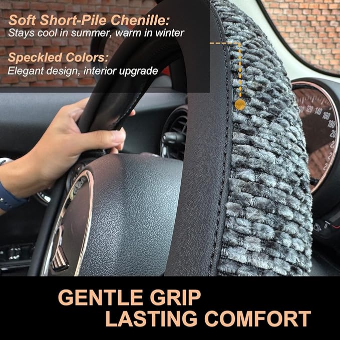 PINCTROT D Shaped Chenille Leather Steering Wheel Cover, Soft Mottled Colors, Sweat-Proof, Non-Slip Grip, All-Season Comfort, Flat Bottom 14.5-15 Inch(Mottled Gray)
