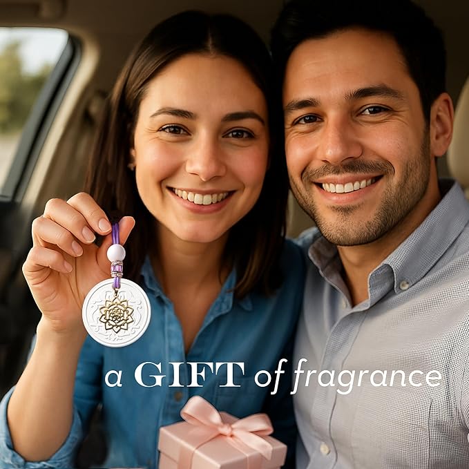 Luxury Car Air Freshener for Women - Refillable & Portable Essential Oil Fragrance Diffuser - Cute Car Accessories & Interior Decor - Mirror Hanging or Vent Clips - Mandala Gold Charm, Rose Scent