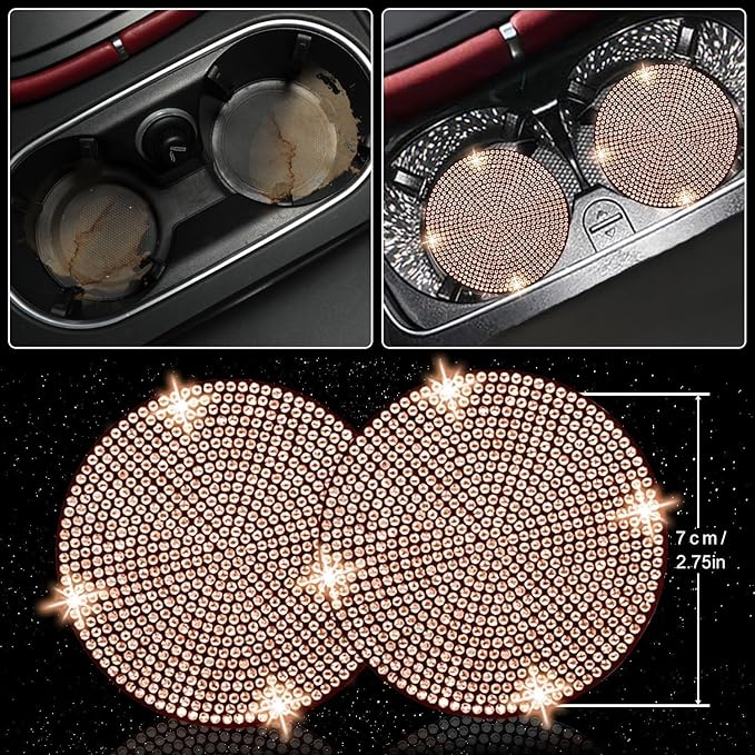 NBTEPEM 27 PCs Gold Champagne Bling Car Accessories Set for Women, Steering Wheel Covers Universal Fit 15 Inch, Bling License Plate Frame, Bling Phone Holder, Bling Car Coasters