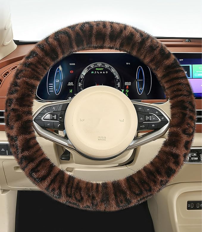 Fluffy Cheetah Car Steering Wheel Cover Luxurious Faux Fur Leopard Print Cute Wheel Protector Universal 15 Inch Fit for Vehicle, Car, Auto, SUV Winter Warm (Coffee)