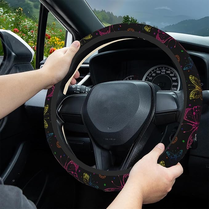Abstract Neon Colorful Butterfly Steering Wheel Cover, Elastic Non-Slip Steering Wheel Protector,Auto Interior Decor for Women Girls,Universal 15" Fit for Sedans,Trucks