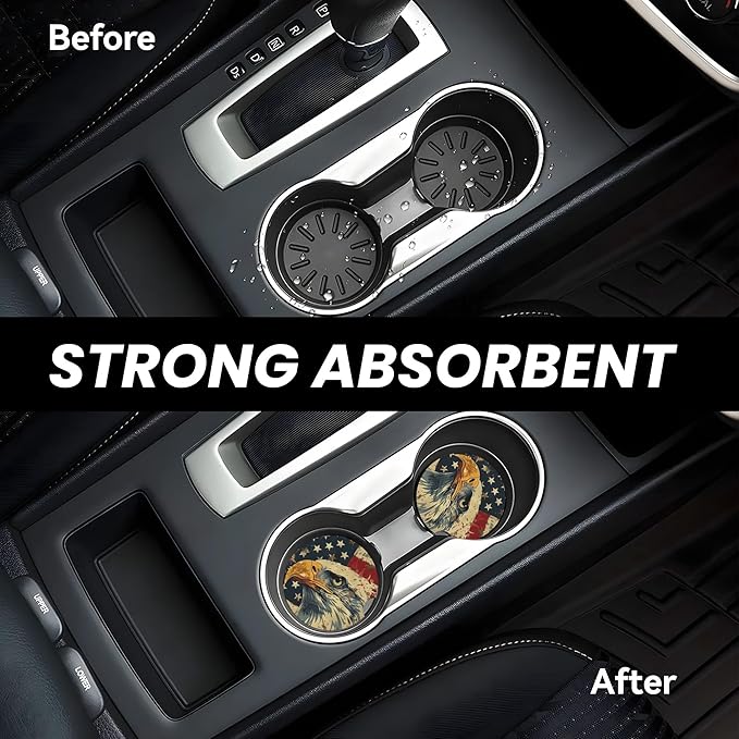 Absorbent Car Coasters for Cup Holders, 2 Pack Universal Anti Slip Ceramic Cup Coaster for Women Men 2.56 Inch Car Interior Accessories - Vintage Bald Eagle American Flag 012