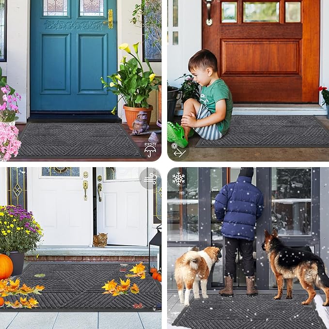 Smiry Front Door Mat Outside Entrance, Heavy Duty Sturdy Natural Rubber Doormat, Trap Dirt and Moisture, Easy Clean Low Profile Mats for Indoor Outdoor Entry, Irregular Triangle (29.5x17, Light Grey)