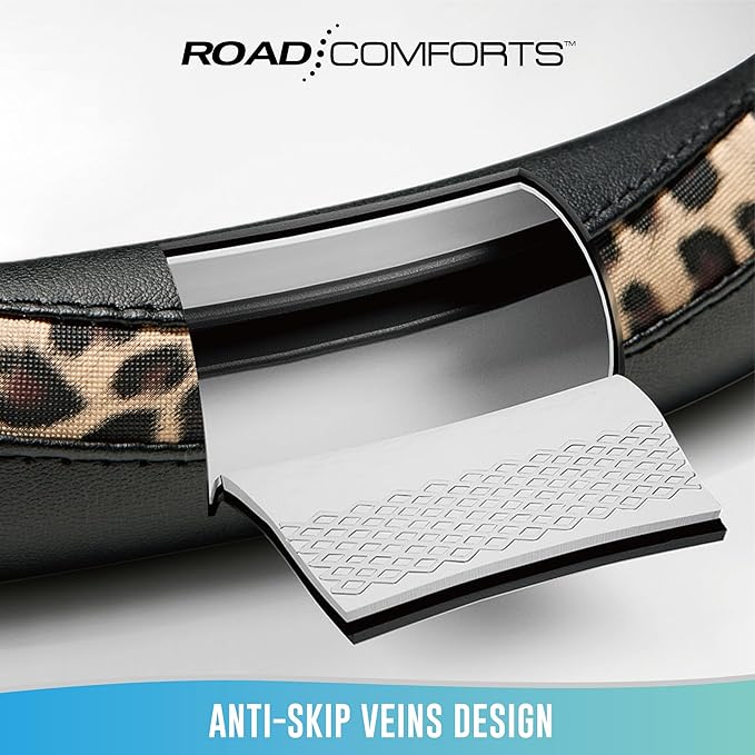 Road Comforts Steering Wheel Cover - Made with PVC Leather and Leopard Fabric - Universal 14 1/2 inches to 15 inches for Most Automotive Steering Wheel - Cheetah Print - Black
