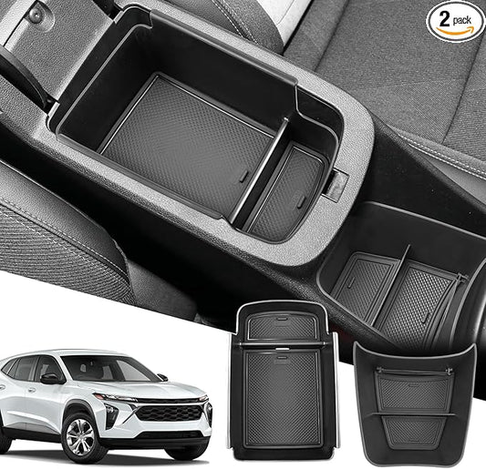 SXCY [2PCS for 2024 2025 Chevy Trax Center Console Organizer 2024 2025 Chevy Trax Accessories(LS LT 1RS 2RS ACTIV) Armrest Storage Box Console Tray for 2024 2025 Trax Console Organizer Black Mats