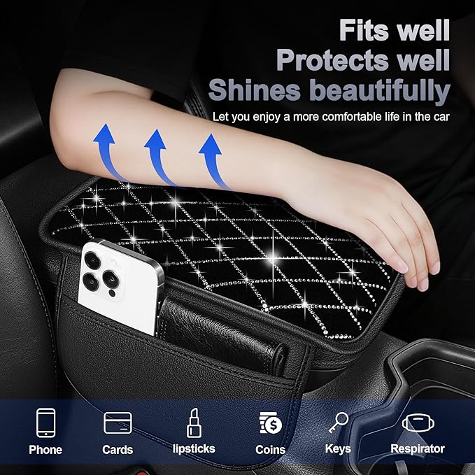 Bling Center Console Cover Fit for Nissan Sentra 2020-2025: with Quilting Pattern Crystal Rhinestone Automotive Armrest Cushion-Stylish Diamond Arm Rest Protection Mat(Black)