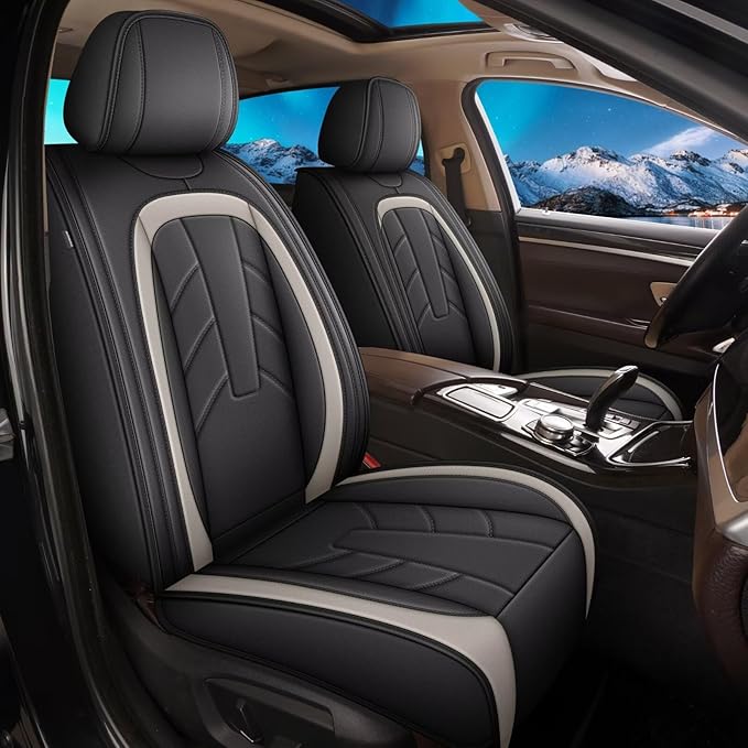 2PCS Front Leather Car Seat Covers Fit for Toyota Tacoma 2016-2023 Waterproof and Anti Staining Auto Protector Car Seat Covers (Black & White)