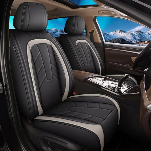 2PCS Front Leather Car Seat Covers Fit for Toyota Tacoma 2016-2023 Waterproof and Anti Staining Auto Protector Car Seat Covers (Black & White)